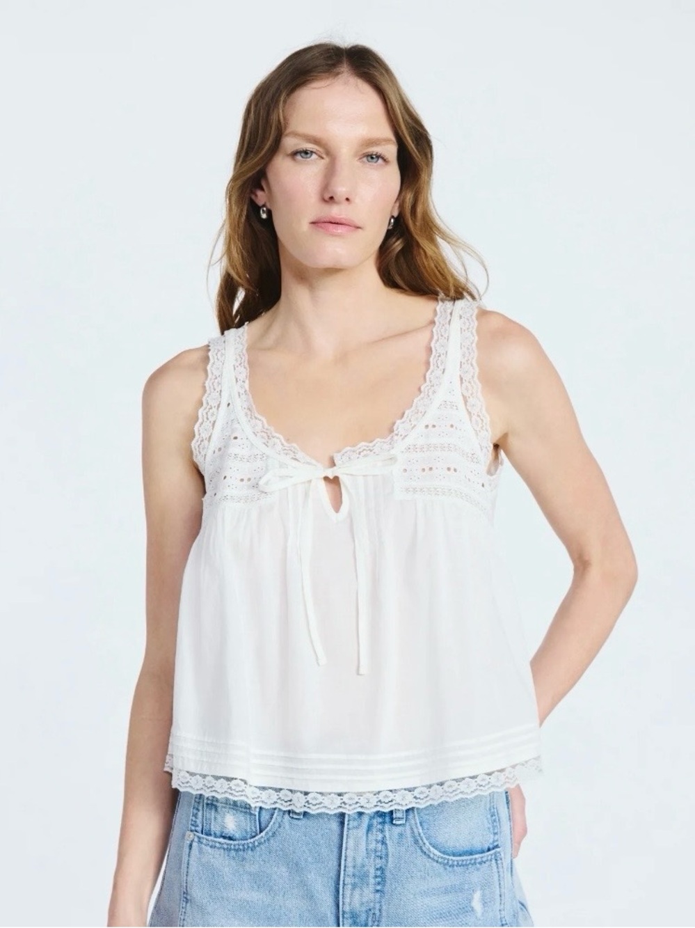 Scoop Lace-Trim White Camisole Tank Top with Front Tie. Delicate & flowy. XXL.